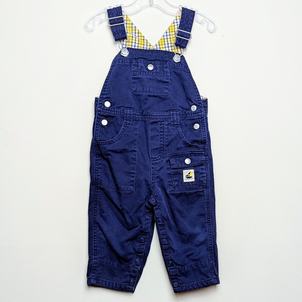 Vintage Gymboree Sailboat 2002 Boat Navy Plaid Lined Overalls Y2K 12-18 Months